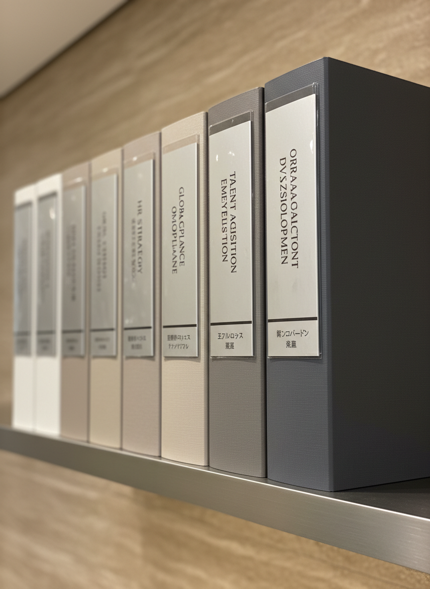 A close-up view of a set of structured, corporate binders with embossed, metallic spine labels marked in both Japanese and English, arranged against a smooth, warm stone backdrop. The binders display a subtle gradient from light taupe to charcoal gray, reflecting a refined taste. Positioned upright with impeccable alignment, a thin, brushed steel accent runs along the shelf edge for a modern touch. Soft, overhead office lighting glows gently, with controlled highlights enhancing the binders’ textures and casting subdued, diffuse shadows behind them. The mood is efficient, precise, and understatedly sophisticated. Captured from a low-angle, close-up perspective, the composition employs shallow depth of field to draw focus to the organization and detail, reinforcing the structured approach of Japanese HR consulting. The style is clean, corporate, and photographic realism.