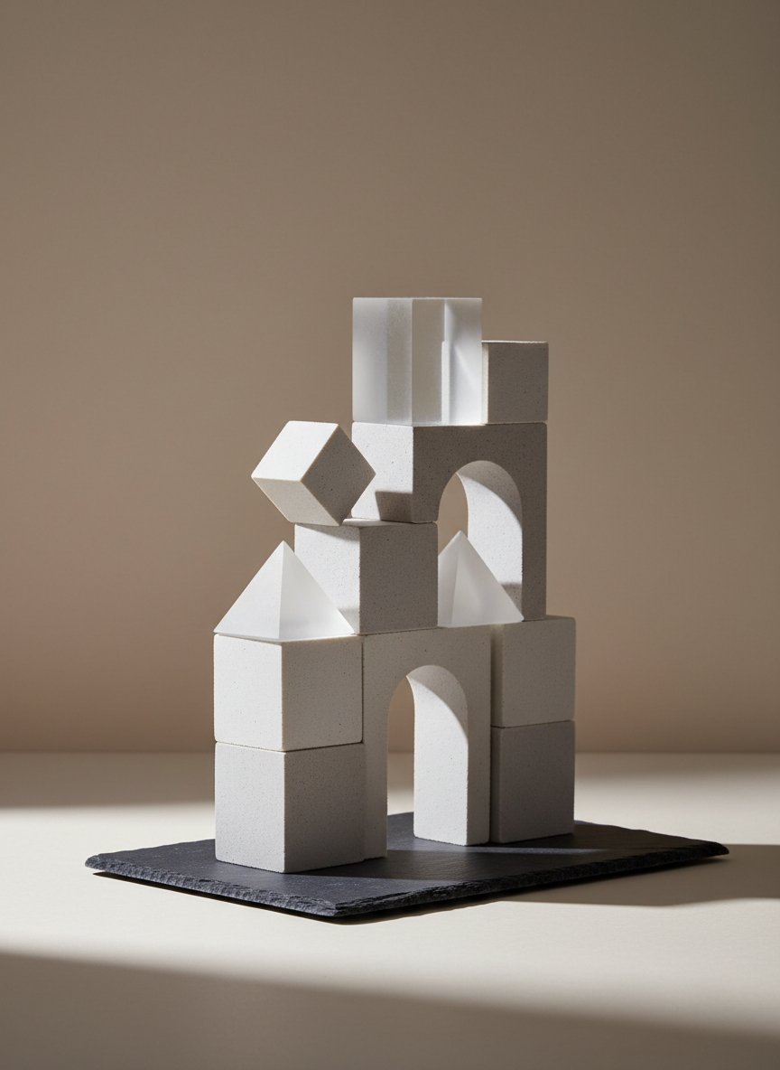 An abstract arrangement of geometric, interlocking blocks crafted from matte white, pale gray, and translucent acrylic materials, set on a minimalist slate platform. The background is a seamless, light taupe wall, promoting a sense of neutrality and calm. Soft studio lighting from the left creates gentle, elongated shadows and delicate highlights, emphasizing the blocks’ forms and textures. The composition is balanced and slightly asymmetrical, suggesting the concept of building strong foundations and structured growth. The mood is contemplative yet assured, illustrating the core values of organization and strategic planning in HR consulting. This photographic image uses crisp focus and careful negative space, radiating a modern, corporate Japanese aesthetic with clean lines and intentional structure.